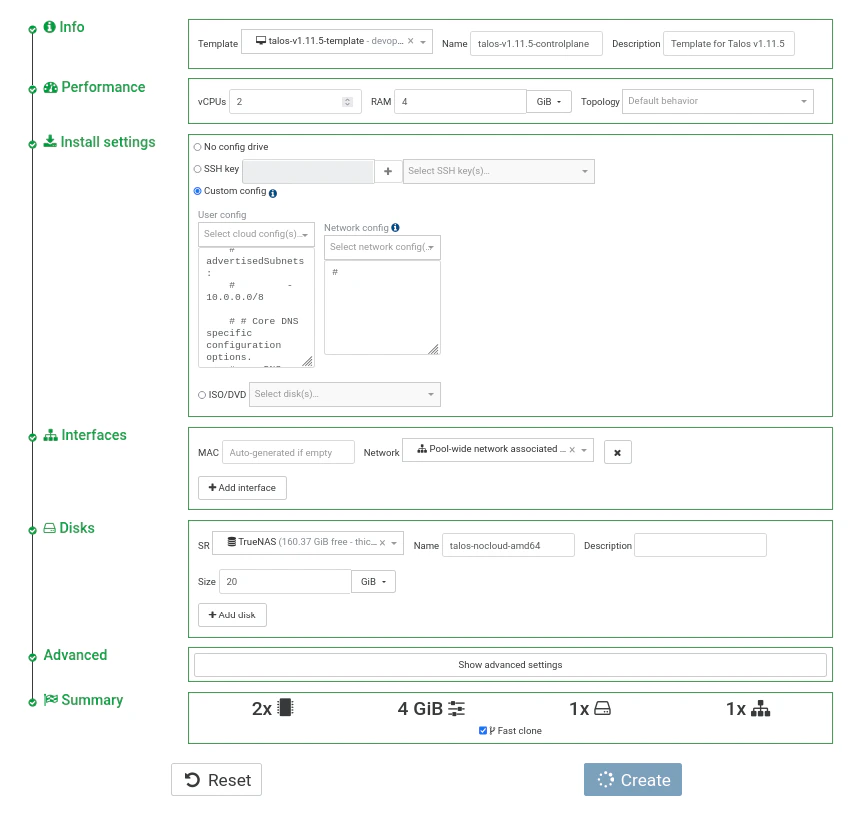 Screenshot of XO5 UI showing the creation of a new VM for the control plane