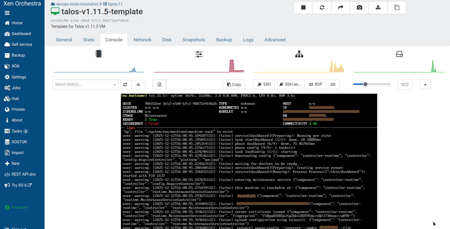 Screenshot of XO5 UI showing the template VM console
