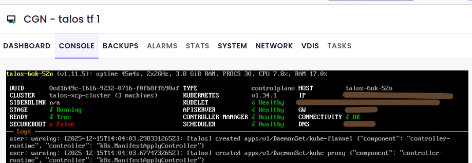 Screenshot of XO6 UI showing the console of the control plane VM running