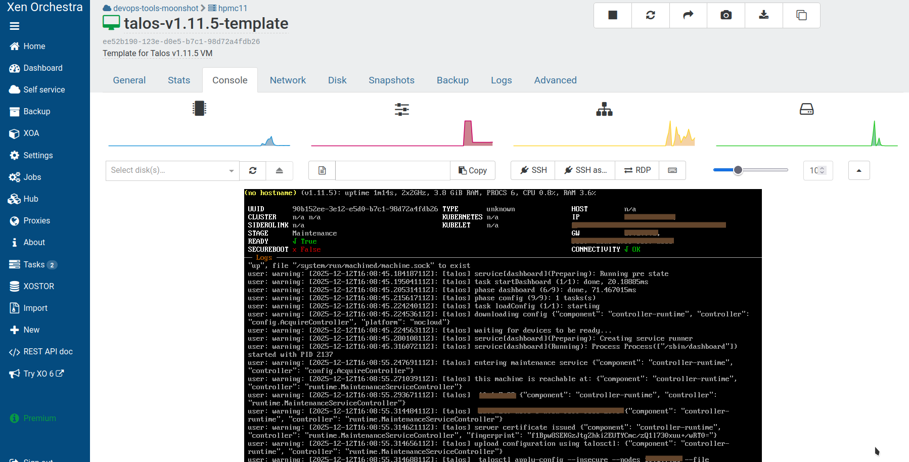 Screenshot of XO5 UI showing the template VM console