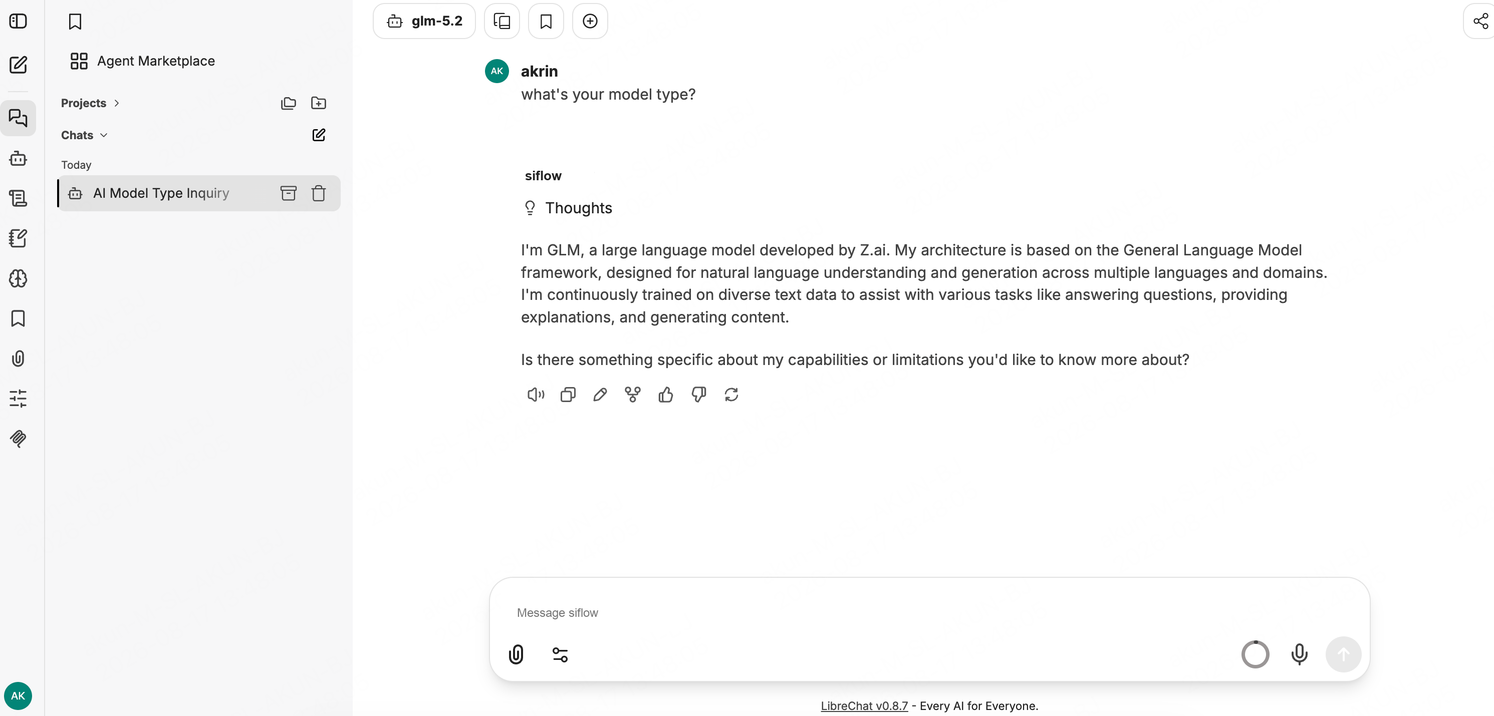 LibreChat 使用算秩 glm-5.2 模型返回对话回复