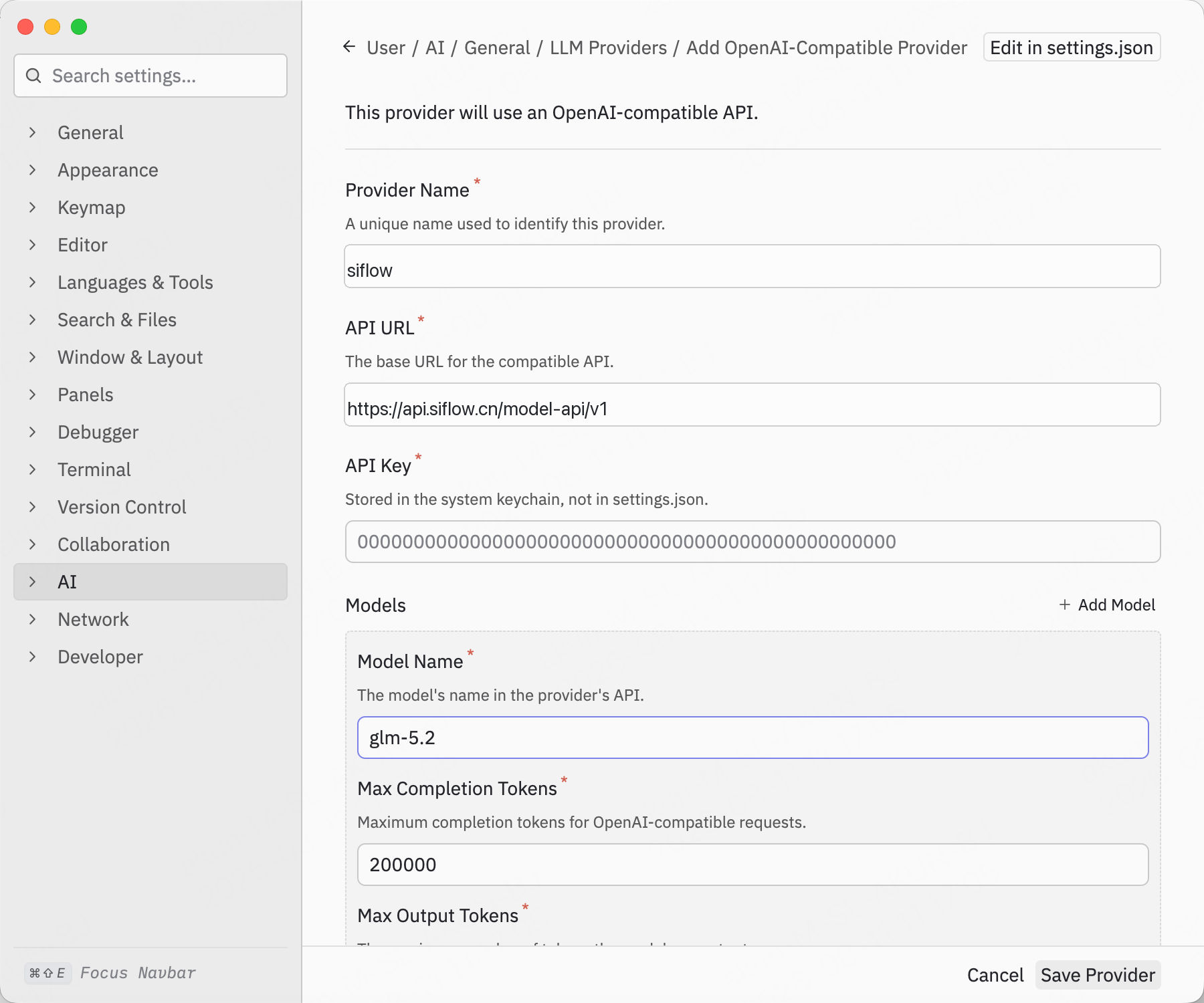 Zed 中配置 OpenAI-Compatible provider 接入 siflow endpoint