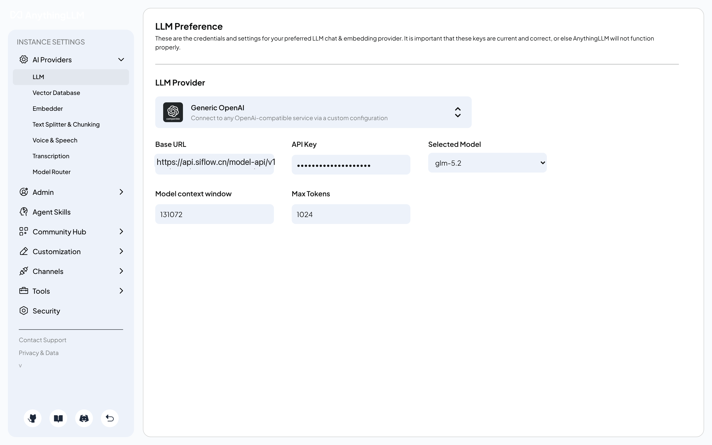 AnythingLLM 中配置 Generic OpenAI provider 接入 siflow endpoint