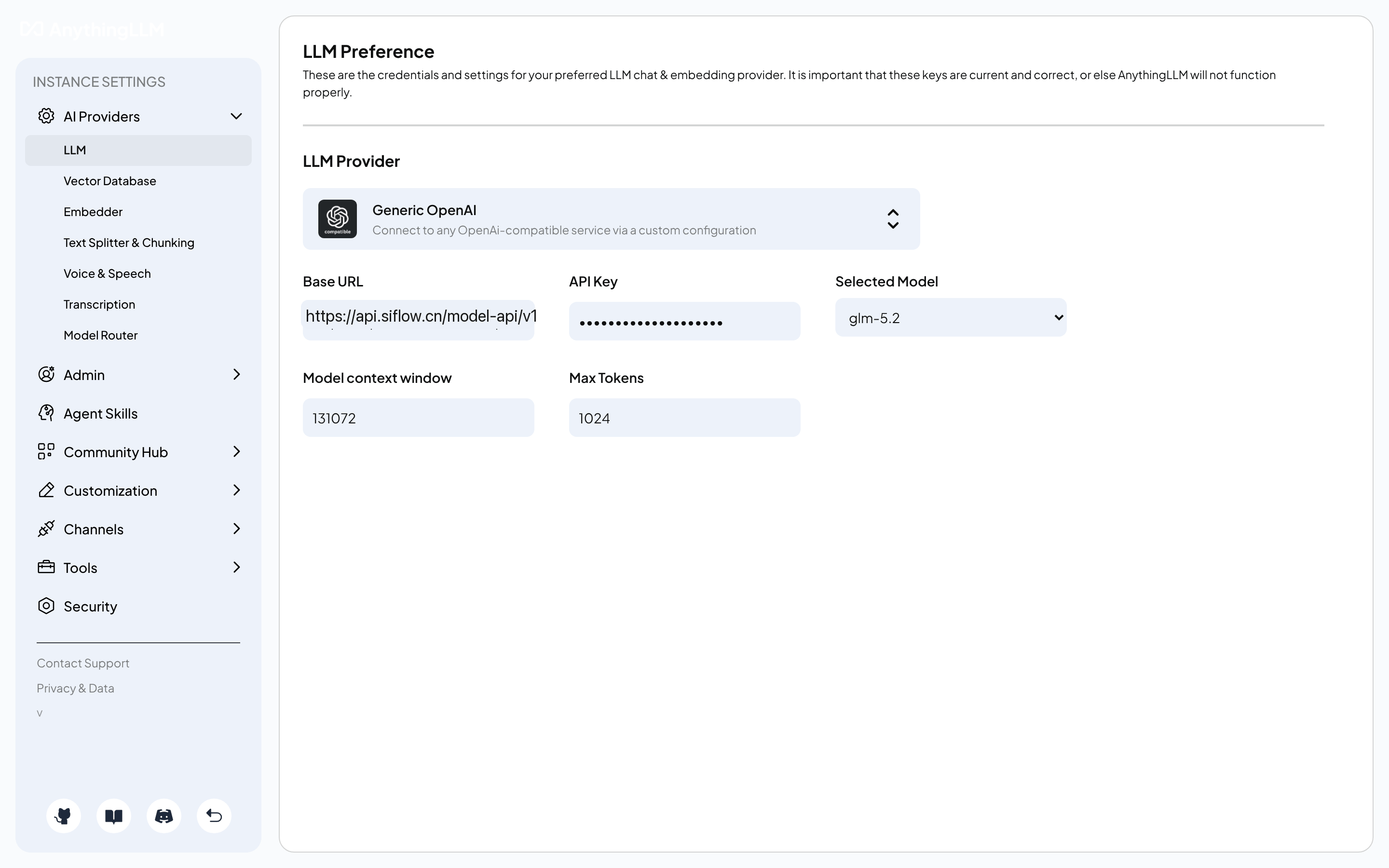 AnythingLLM 中配置 Generic OpenAI provider 接入 siflow endpoint
