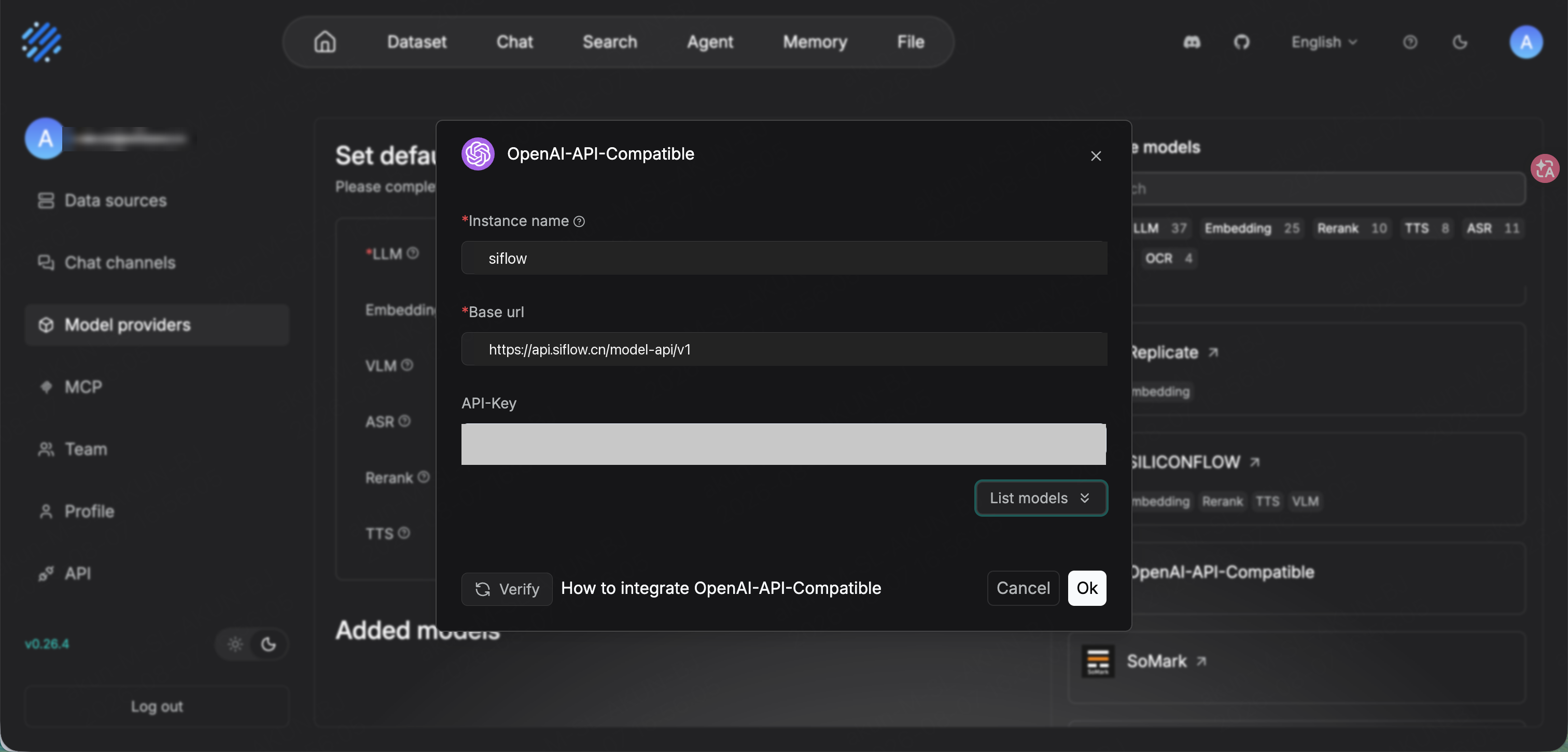 RAGFlow 中配置 OpenAI API Compatible provider 接入 siflow endpoint