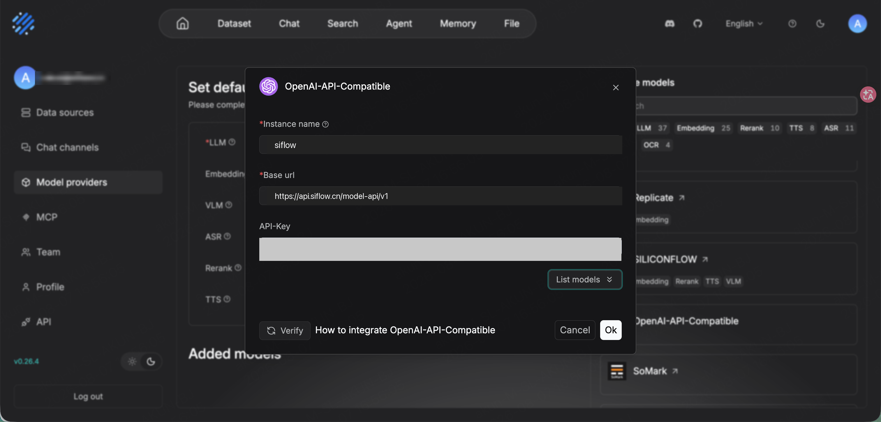 RAGFlow 中配置 OpenAI API Compatible provider 接入 siflow endpoint