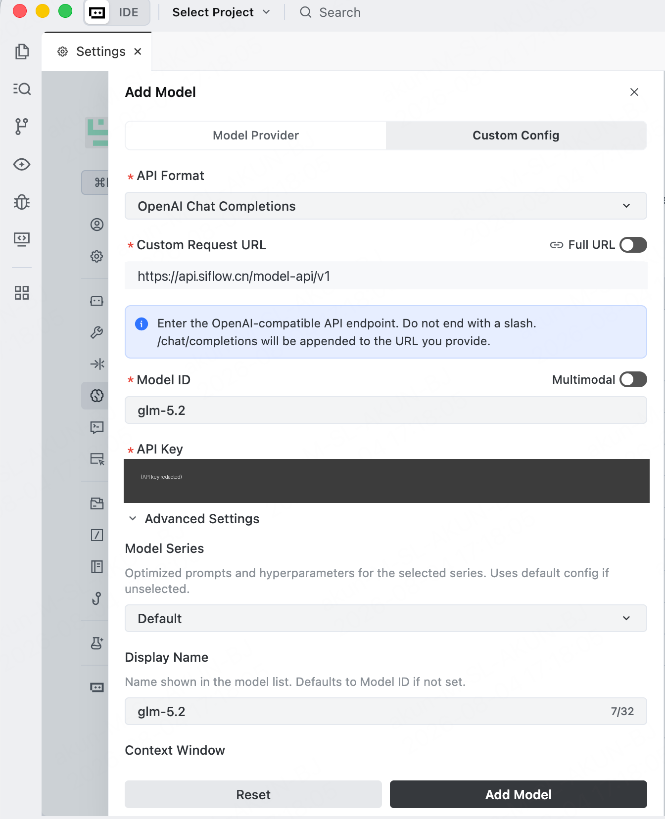 TRAE 中通过 Custom Config 添加算秩模型