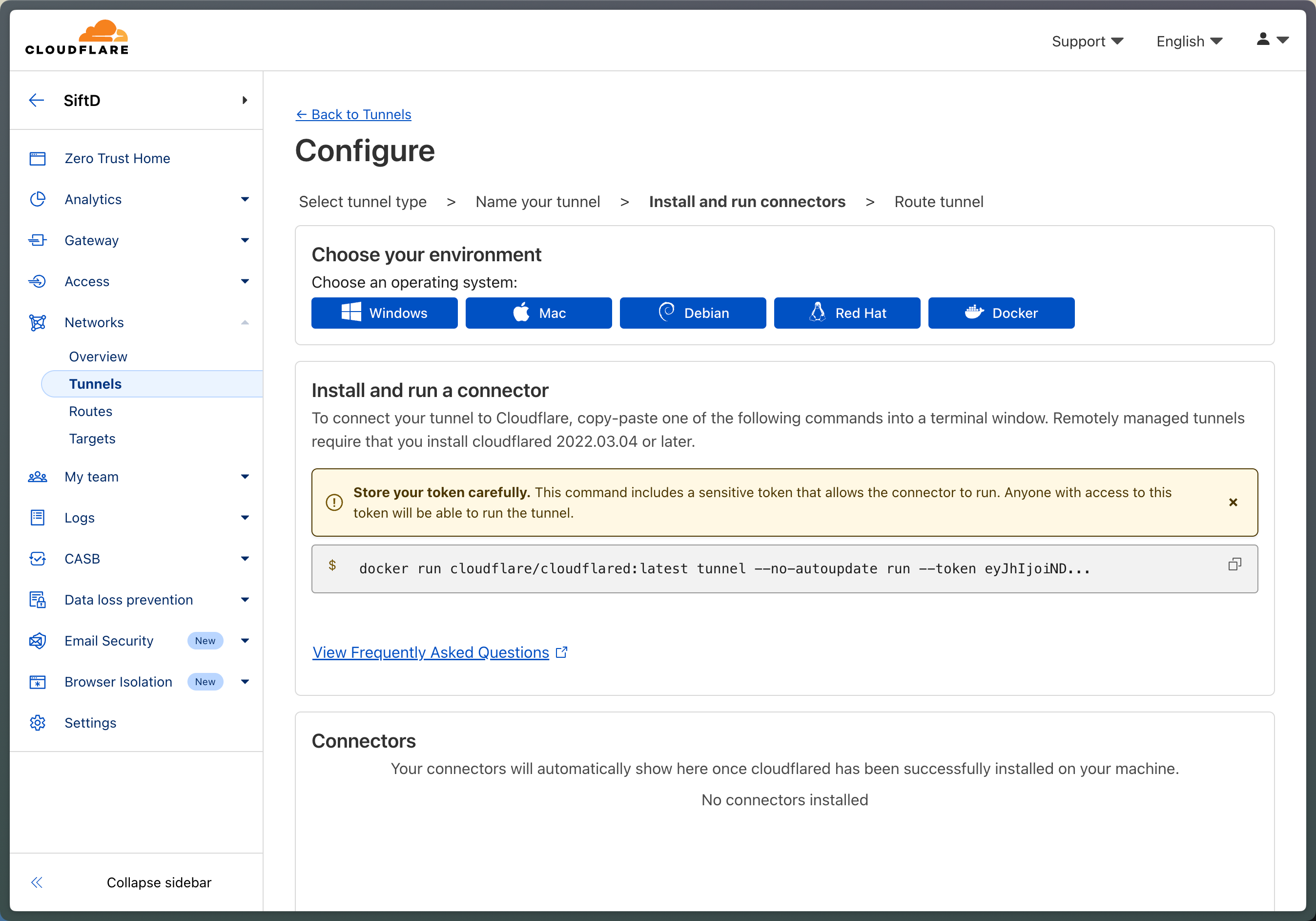 Copy the tunnel token