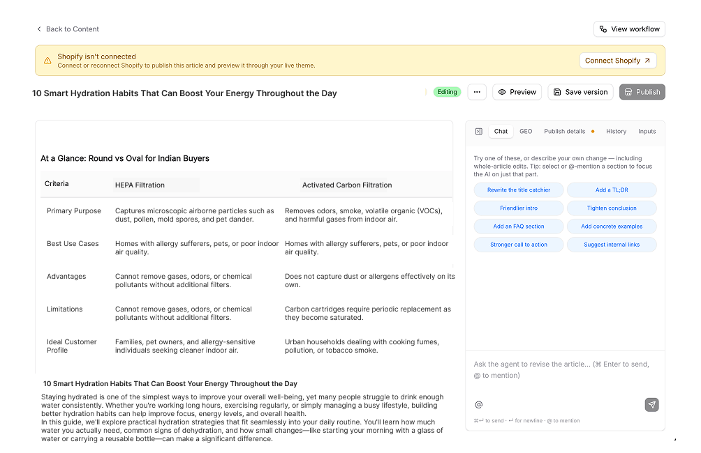 Collection Page editor: rendered preview with product picks and rationale, plus chat-based editing