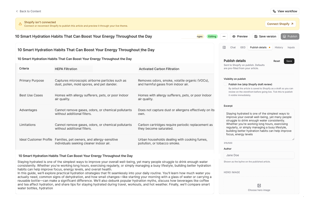 Content editor: a rendered blog post with chat editing, GEO quality metrics, and publishing