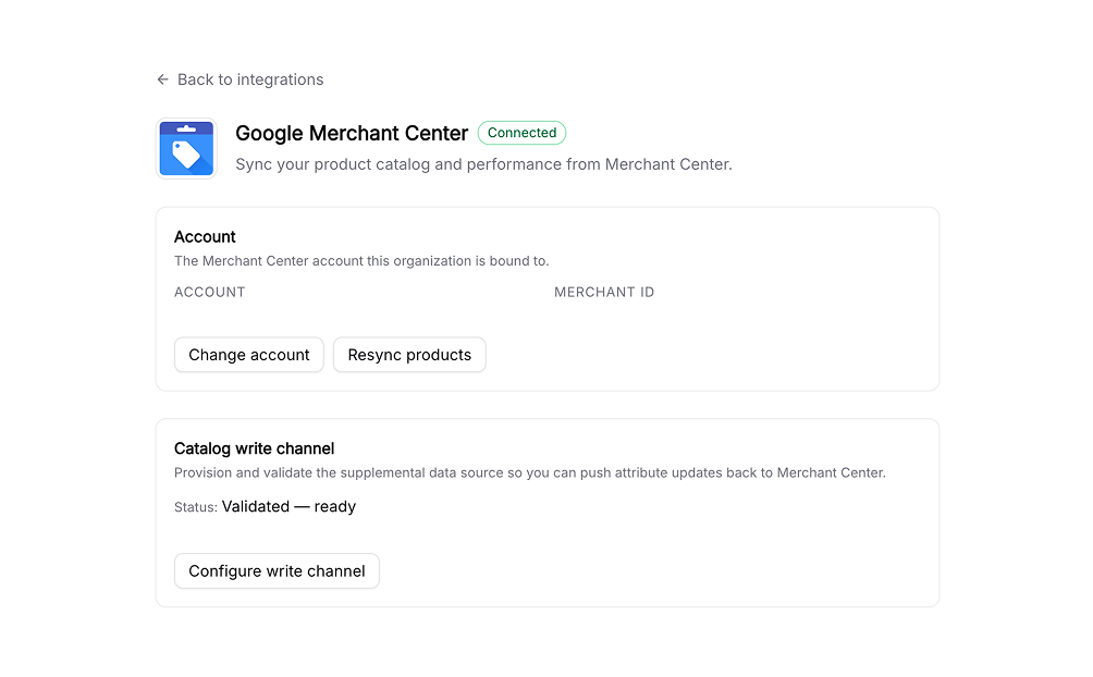 Siftly Shopping connected to Google Merchant Center: product feed in, optimized attributes out