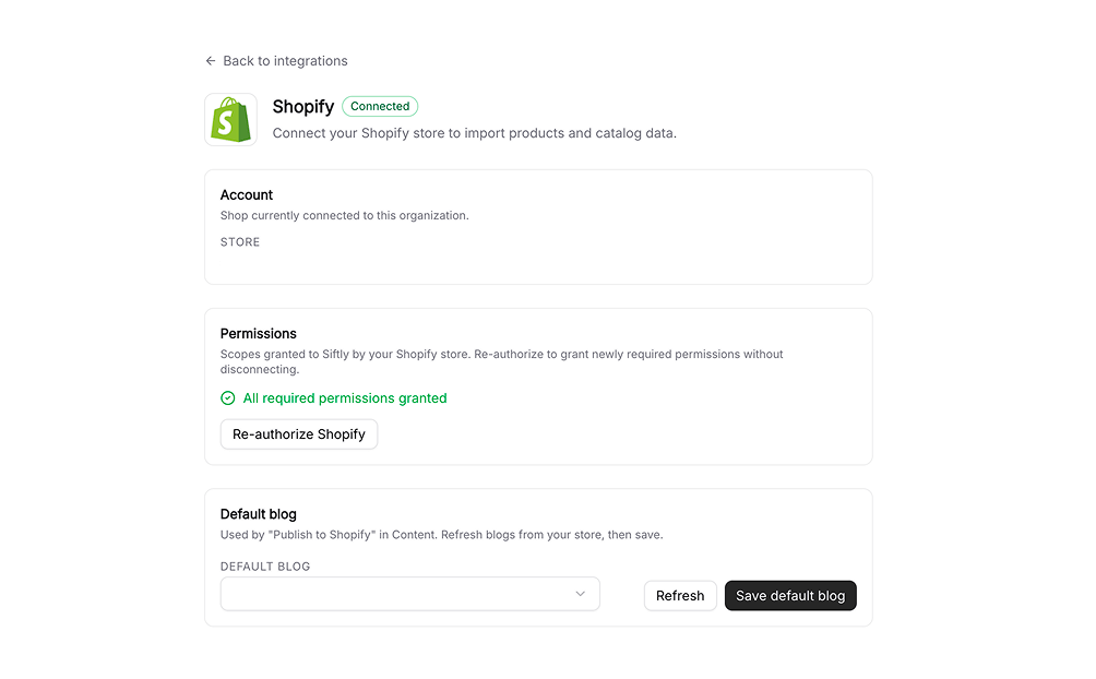Siftly Shopping connected to Shopify: catalog sync in, content and product updates out