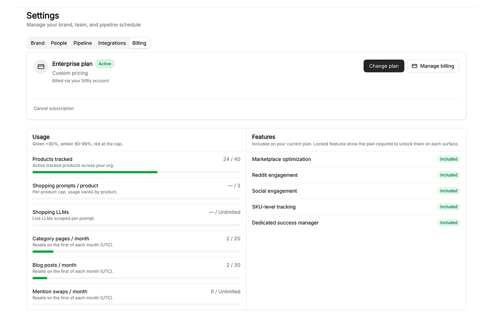 Plans & billing: trial and paid tiers with usage meters