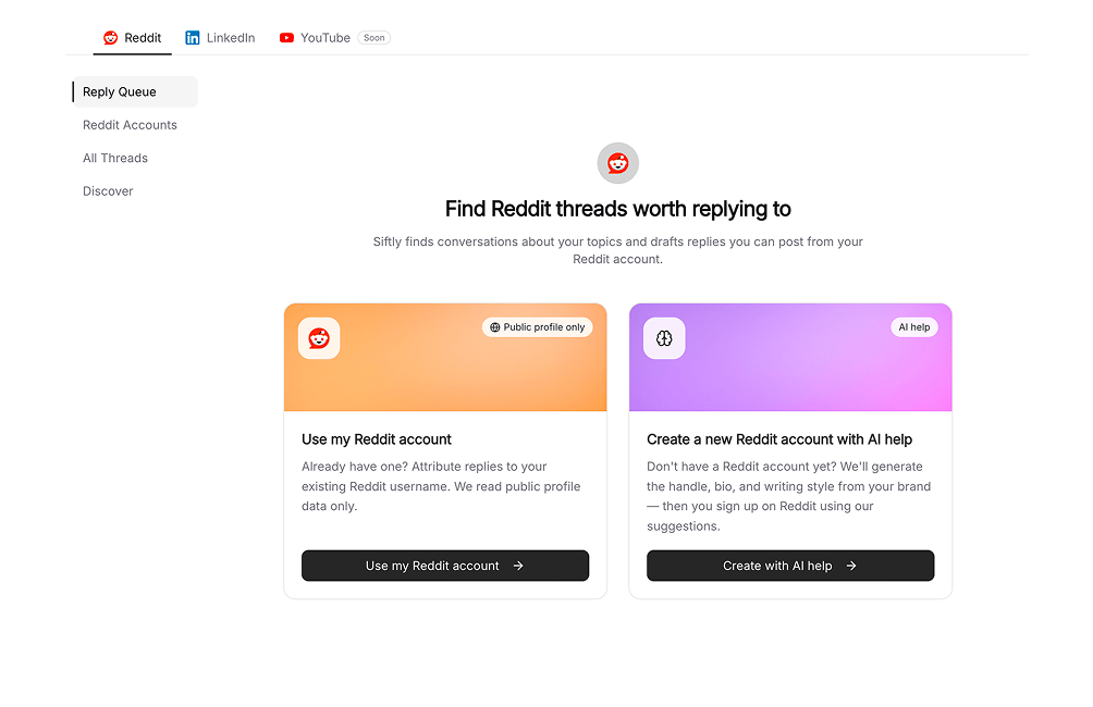 Reddit engagement: discovered discussions and AI-drafted, on-brand replies with approval