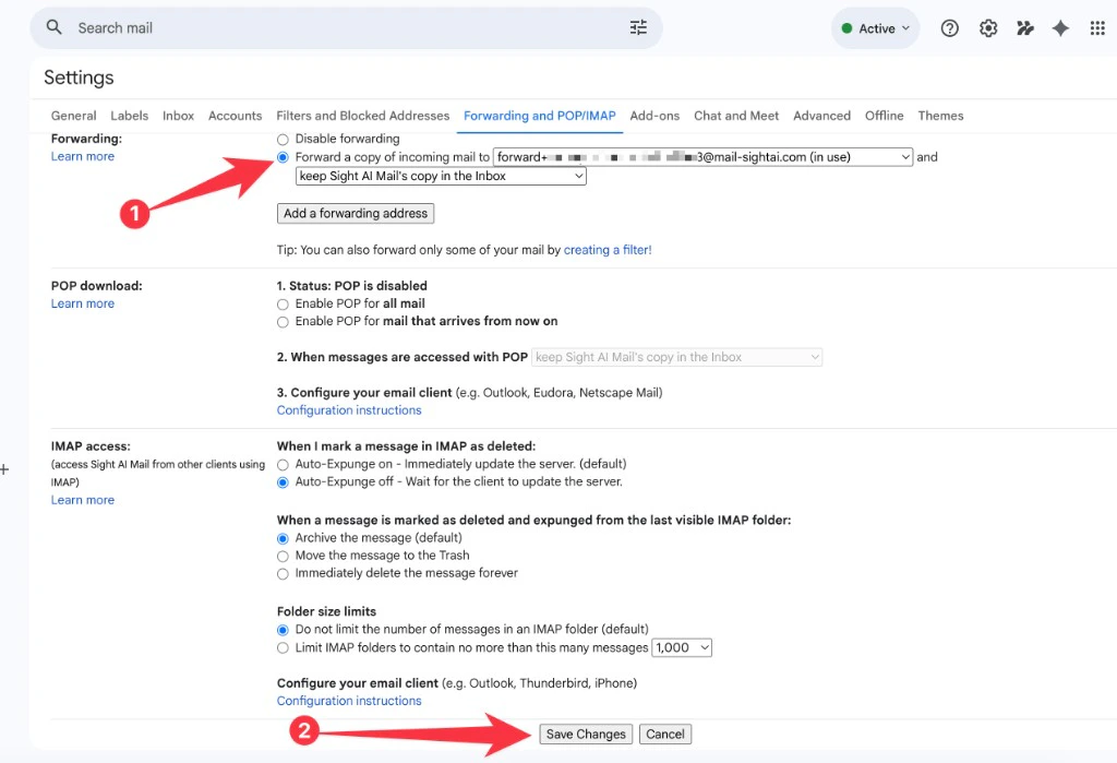 Gmail Forwarding and POP/IMAP settings with Forward a copy of incoming mail to selected and Save Changes button highlighted