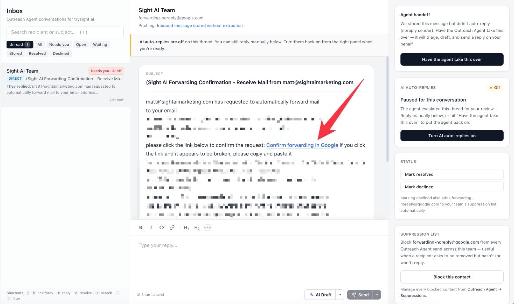 Sight AI Inbox showing the Google forwarding confirmation email with the Confirm forwarding in Google link highlighted