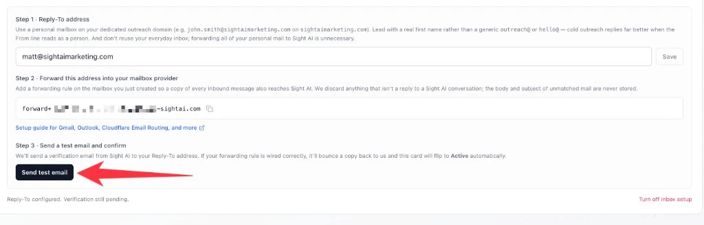 Inbox setup card showing Step 1 Reply-To address, Step 2 Forwarding address, and the Step 3 Send test email button