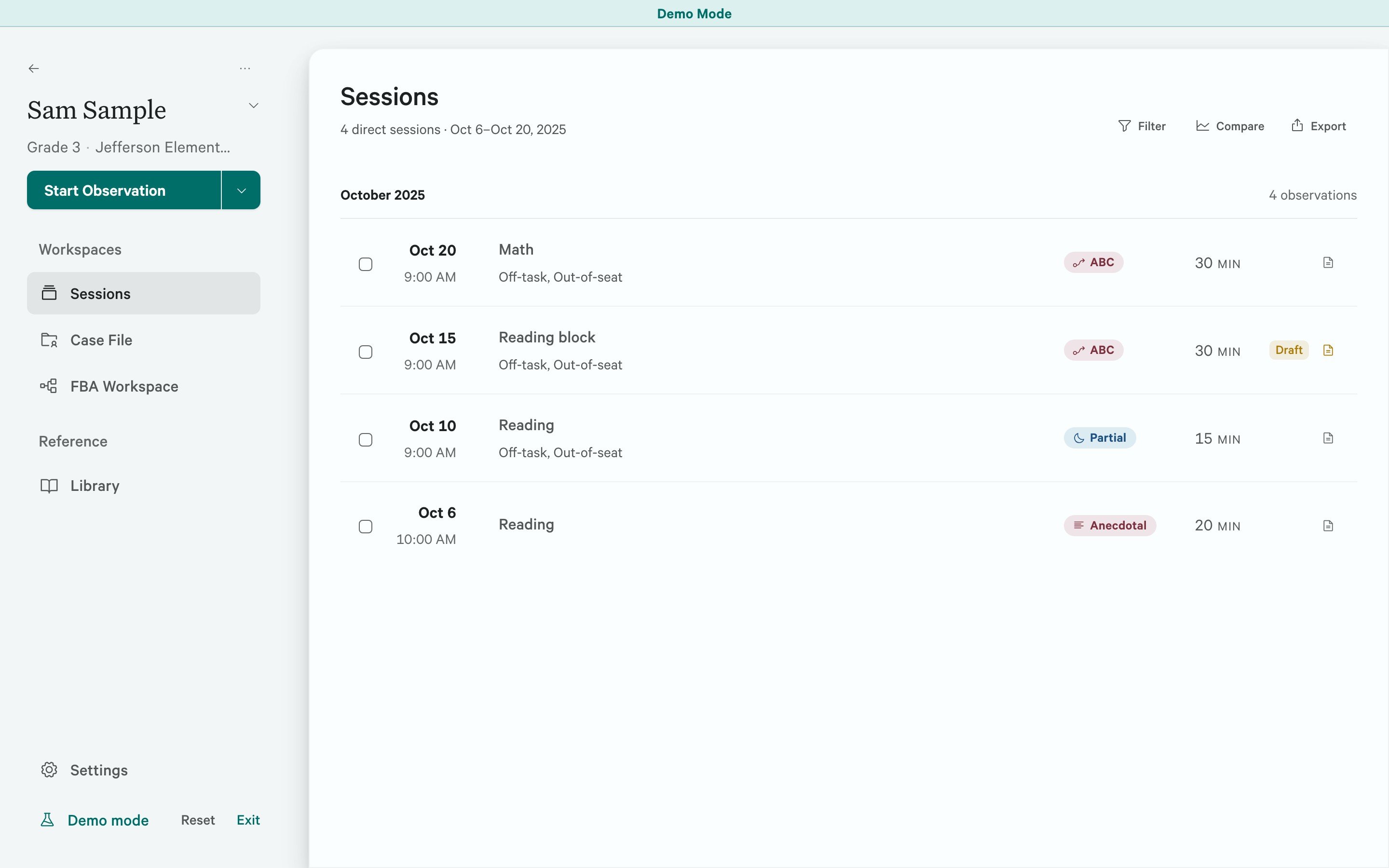 Sam Sample's workspace in demo mode, with Sessions selected and Start Observation above the workspace navigation.