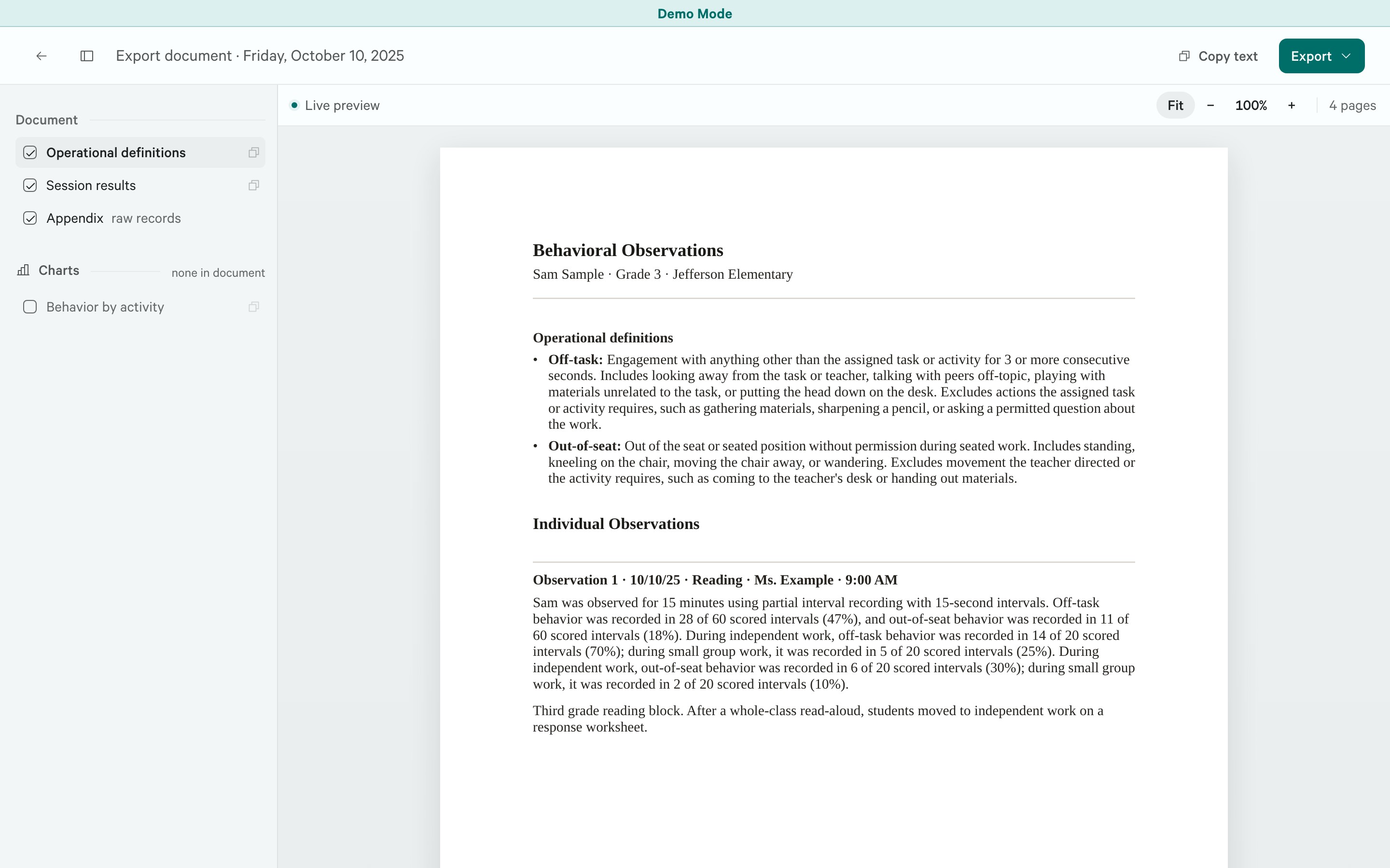 Export document workspace with Operational definitions, Session results, and Appendix checked on the left, a live preview on the right, and Copy text and Export at the upper right.
