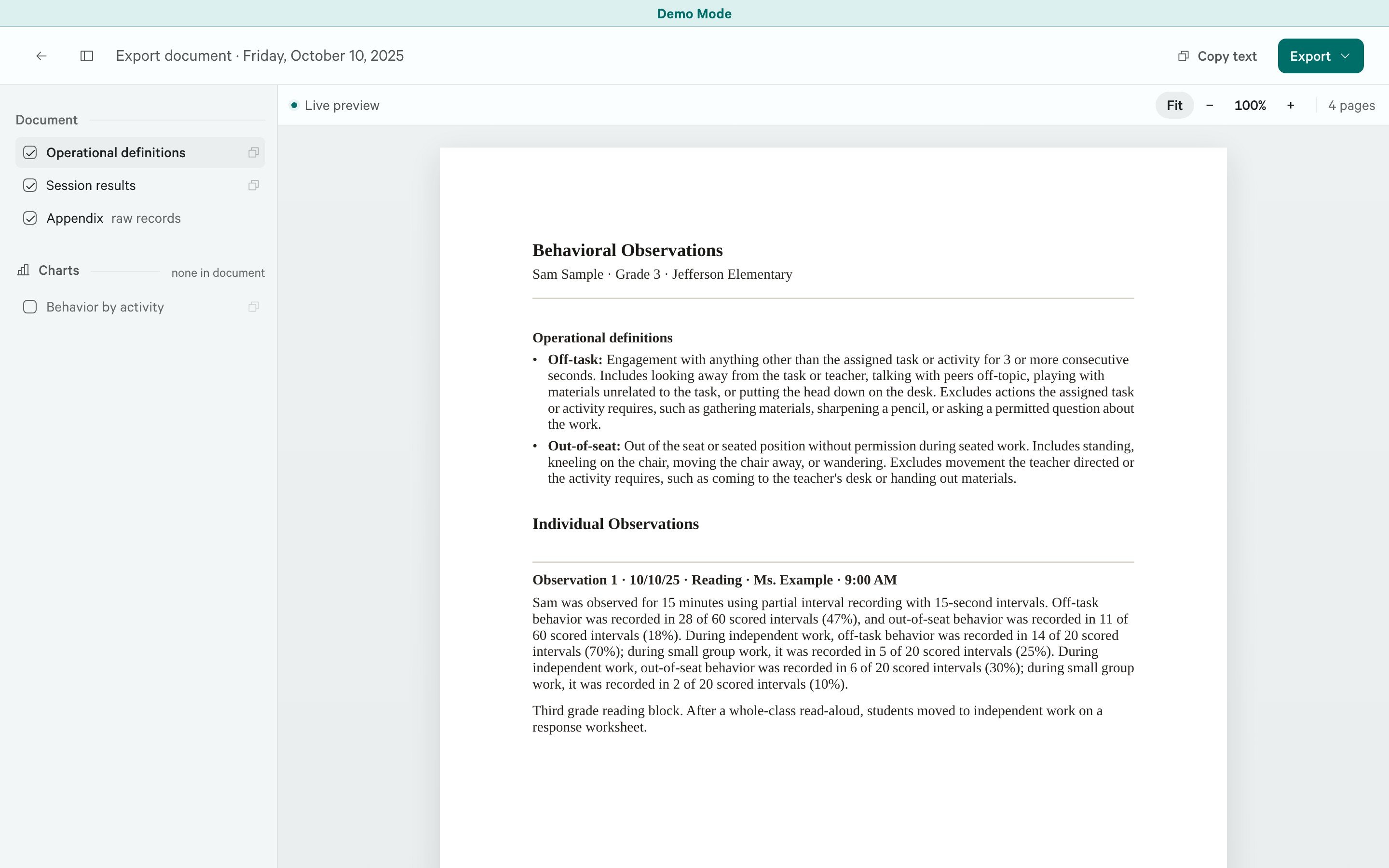 Export document workspace with Operational definitions, Session results, and Appendix checked on the left, a live preview on the right, and Copy text and Export at the upper right.