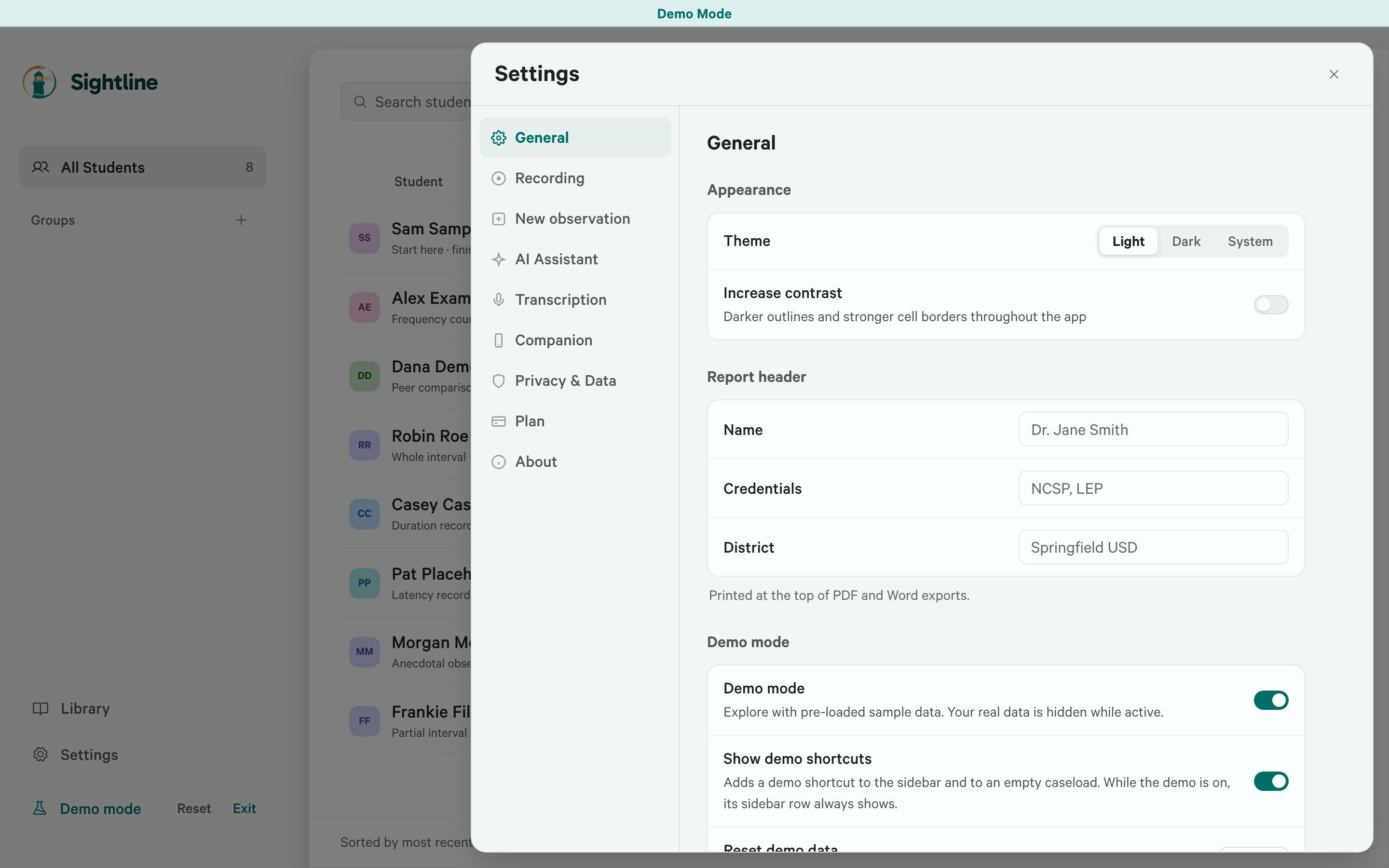 General settings with sections in the left sidebar, Light theme selected, Demo mode enabled, and the Name, Credentials, and District report-header fields below.