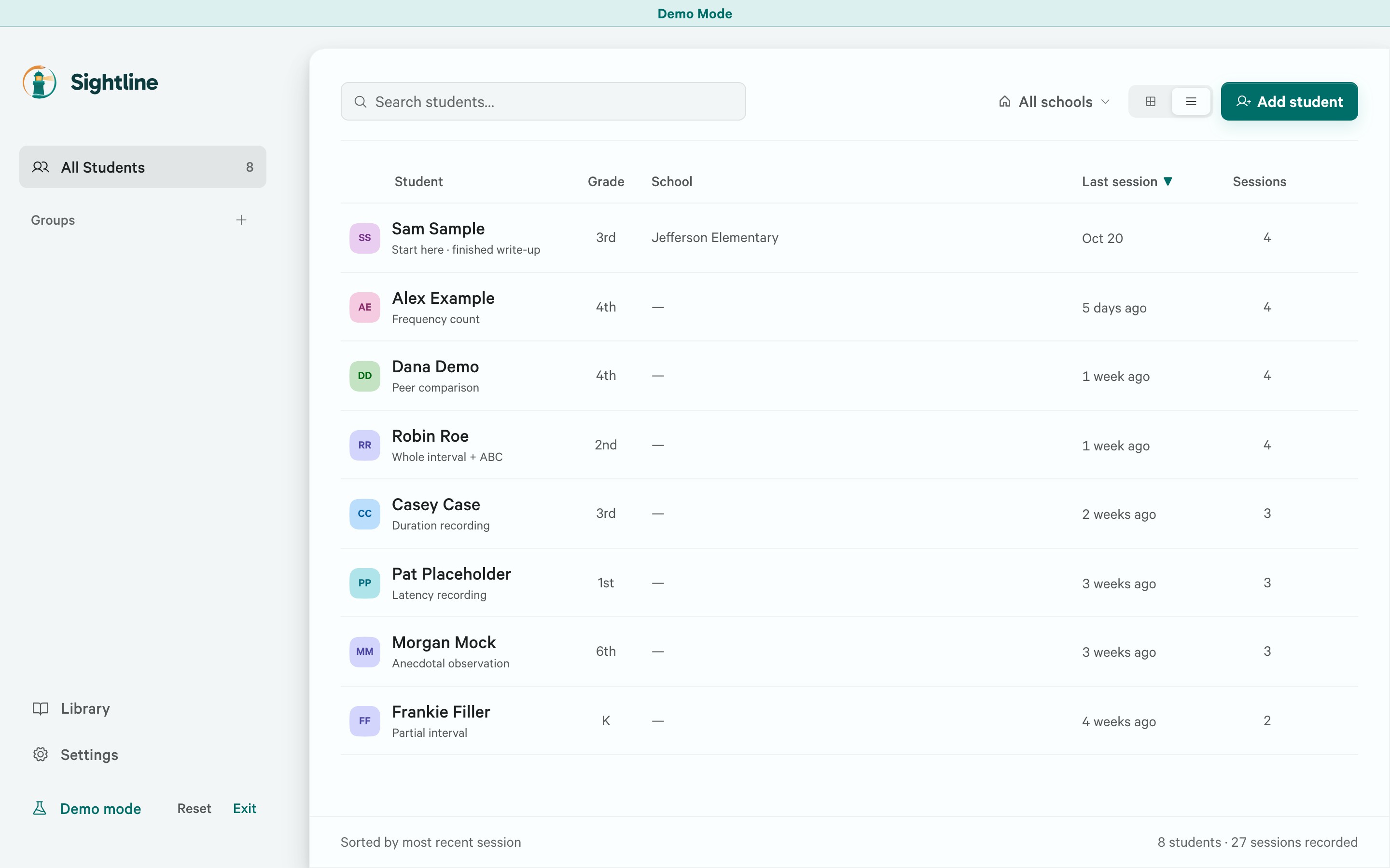 Student roster with Search students, the All schools filter, and Add student above a table of eight sample students, and an empty Groups section in the left sidebar.