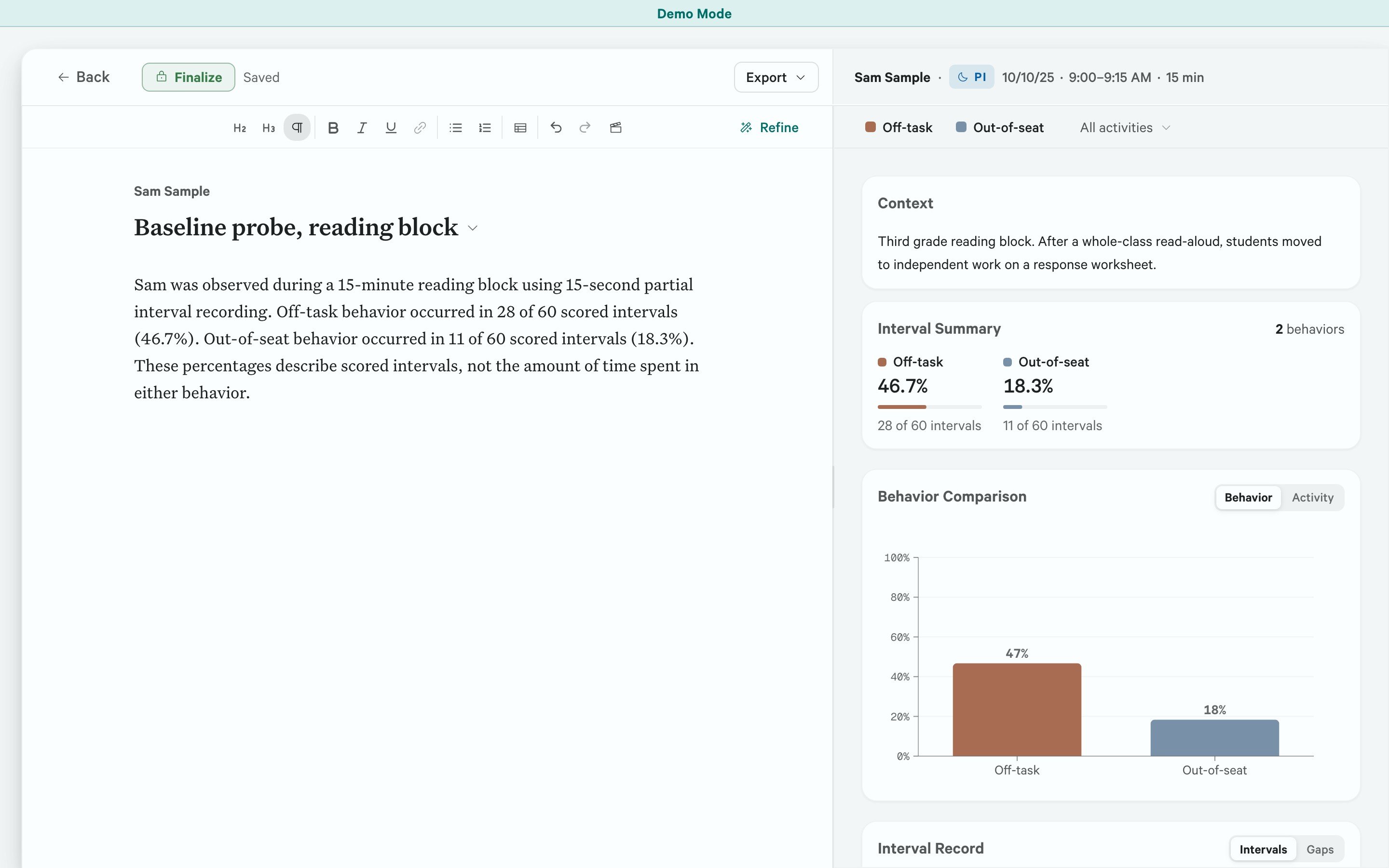 Write-Up Workspace with an interval narrative on the left, Context and Interval Summary on the right, and Saved at the top.