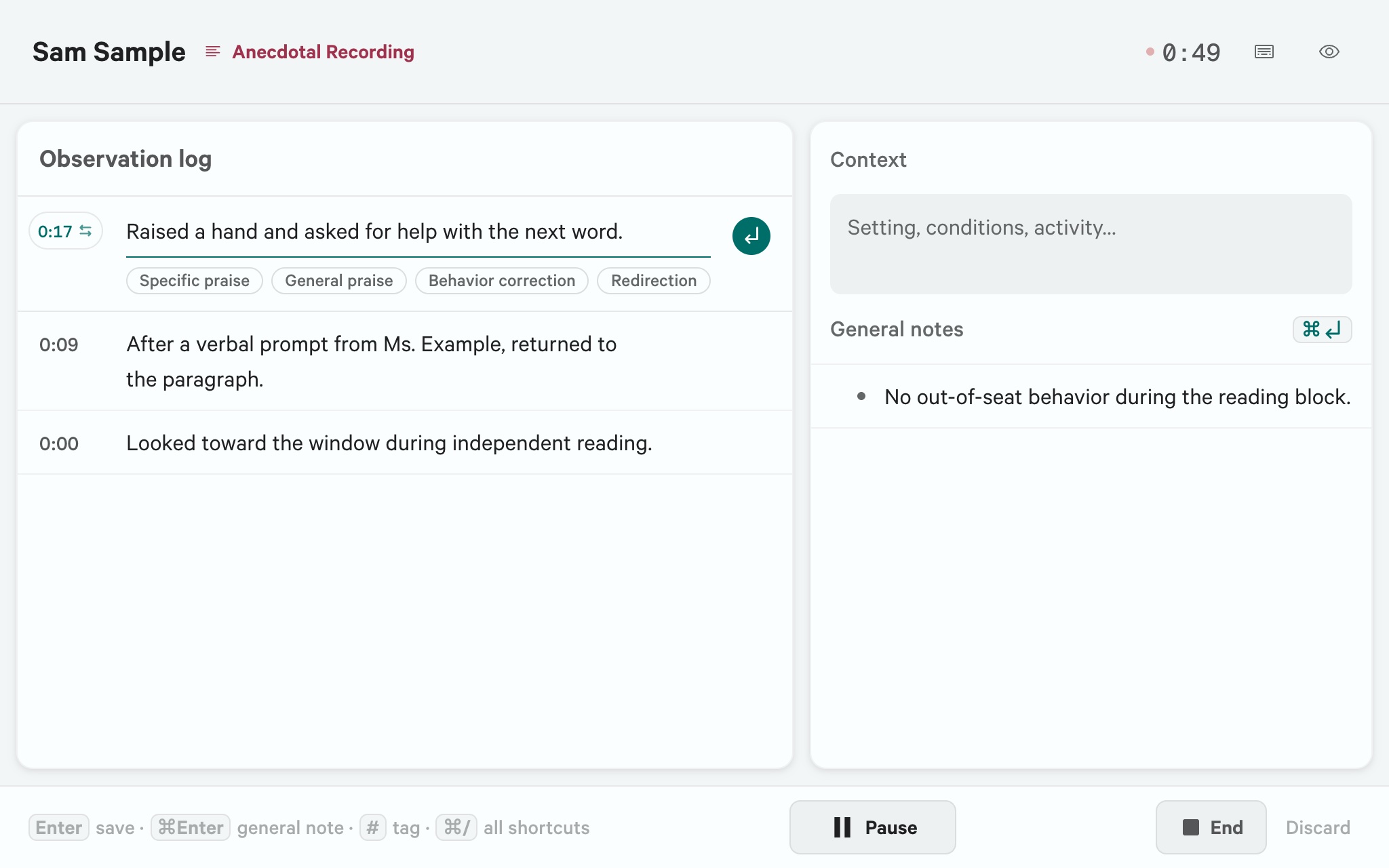 Anecdotal Recording screen with a draft, captured time, tag chips, and two timed entries in Observation log on the left, plus an empty Context field and one saved note in General notes on the right.