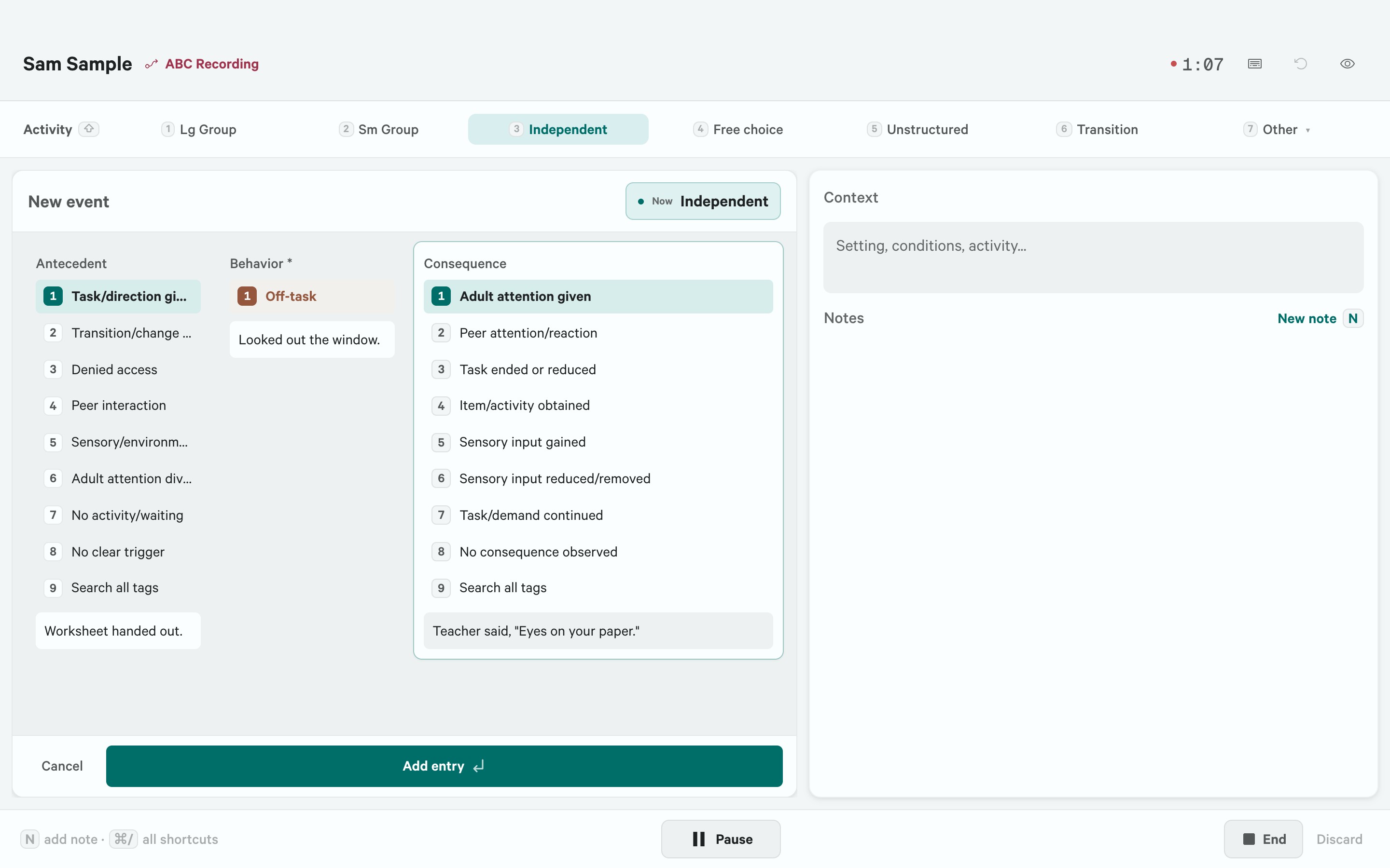 ABC event form with Task/direction given and Adult attention given selected, an Off-task behavior description, event details in all three columns, and Add entry below.