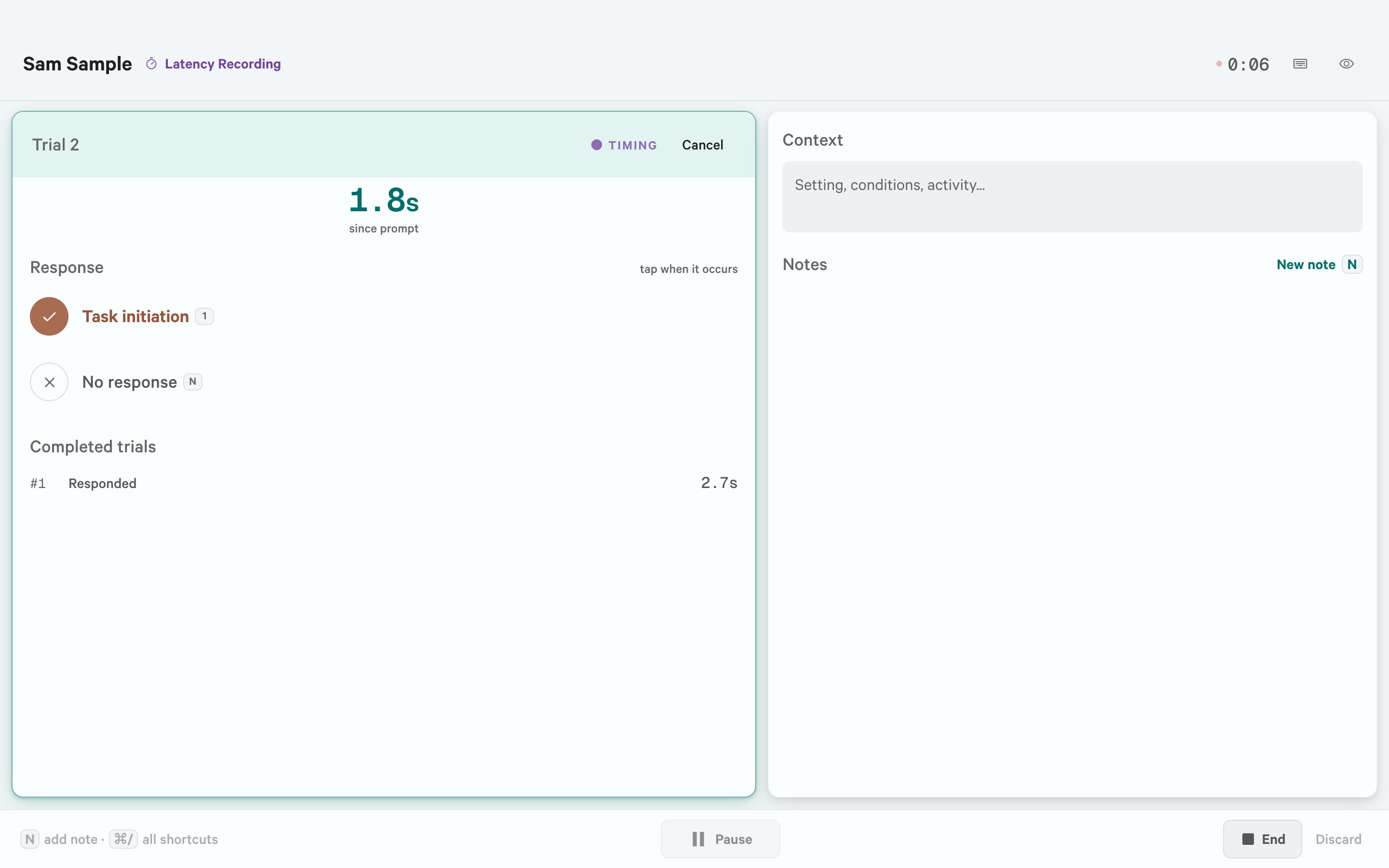Latency recorder for Sam Sample timing trial 2 at 1.8 seconds, with Task initiation and No response controls and one responded trial under Completed trials.