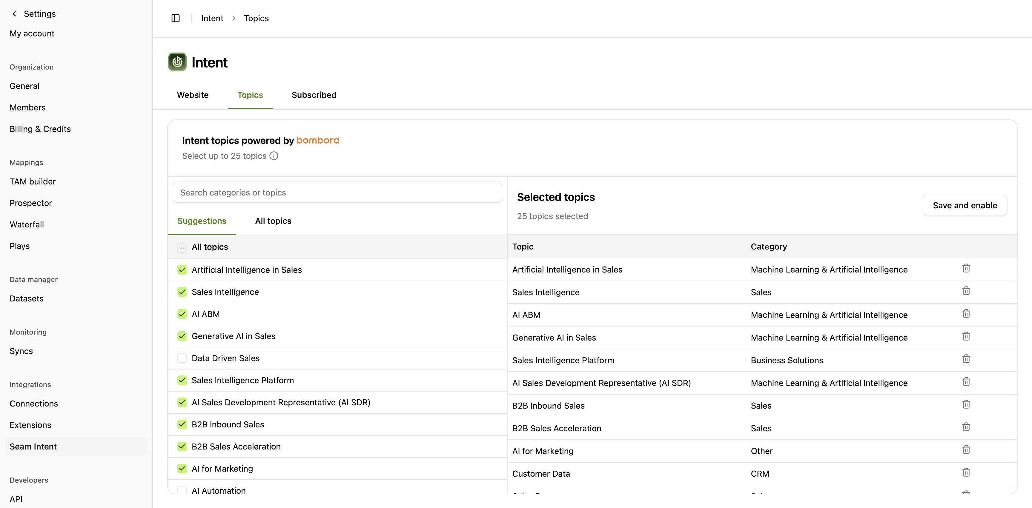 Bombora topic selection interface