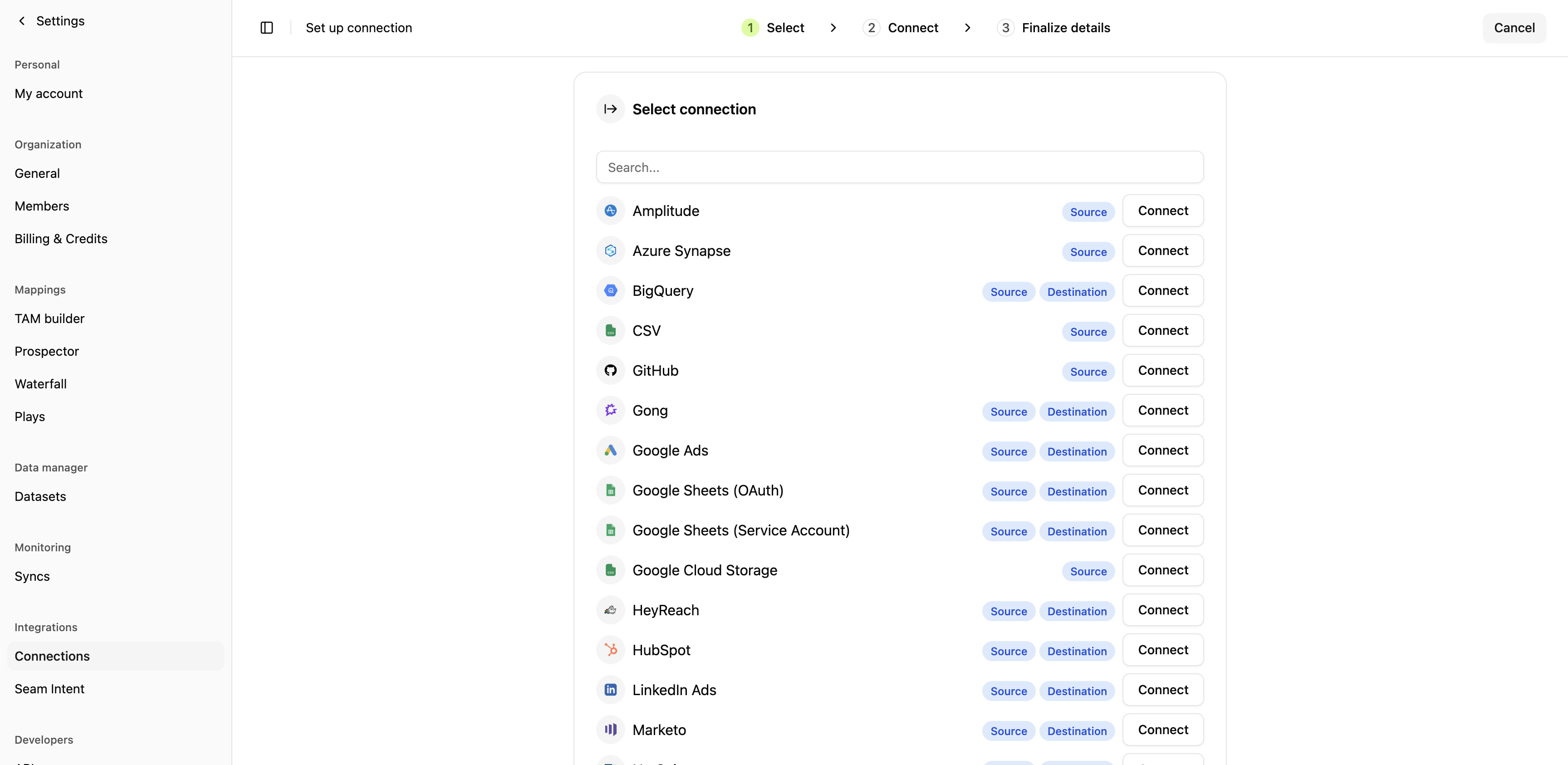Connections setup screen