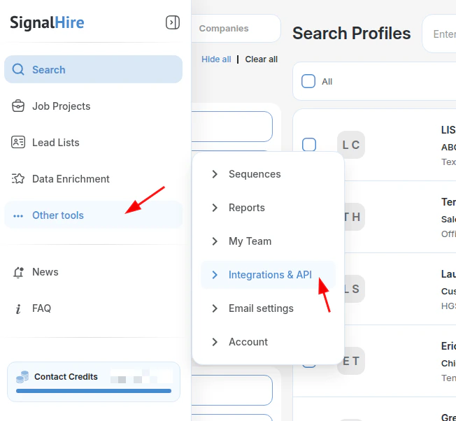 Integrations and API in the left sidebar