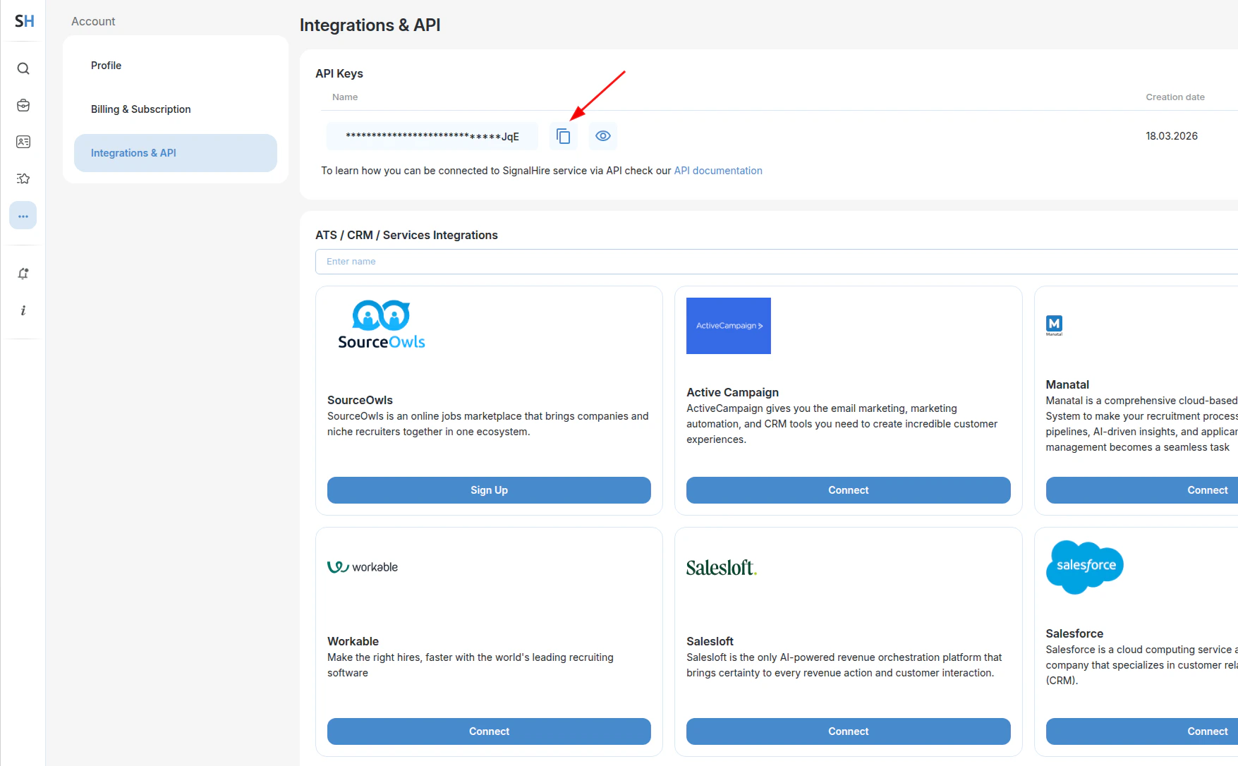 Create new API Key button and copy icon