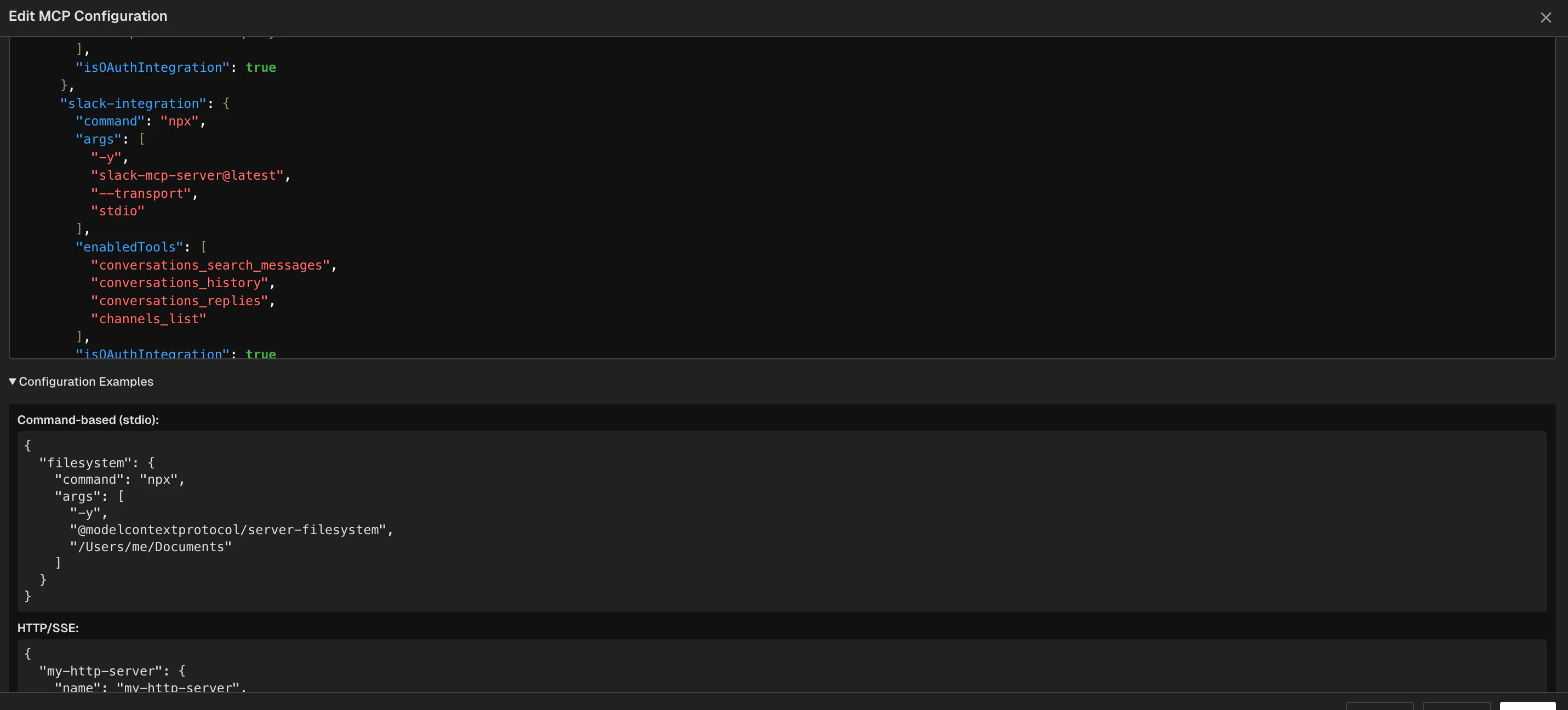 MCP configuration editor showing how to add custom MCP servers with JSON configuration examples