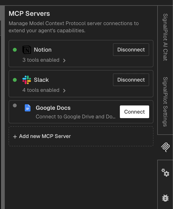 SignalPilot's default MCP servers showing Notion, Slack, and Google Docs integrations