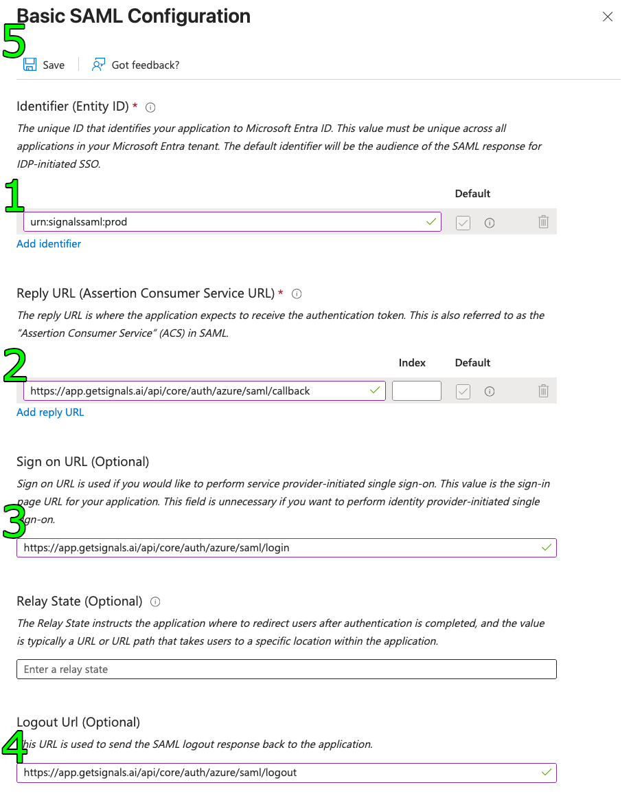 Entra basic saml config save