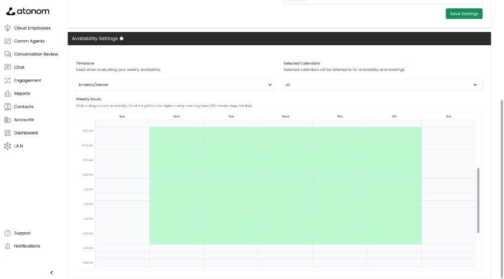 Availability Settings with timezone, selected calendars, and weekly hours grid