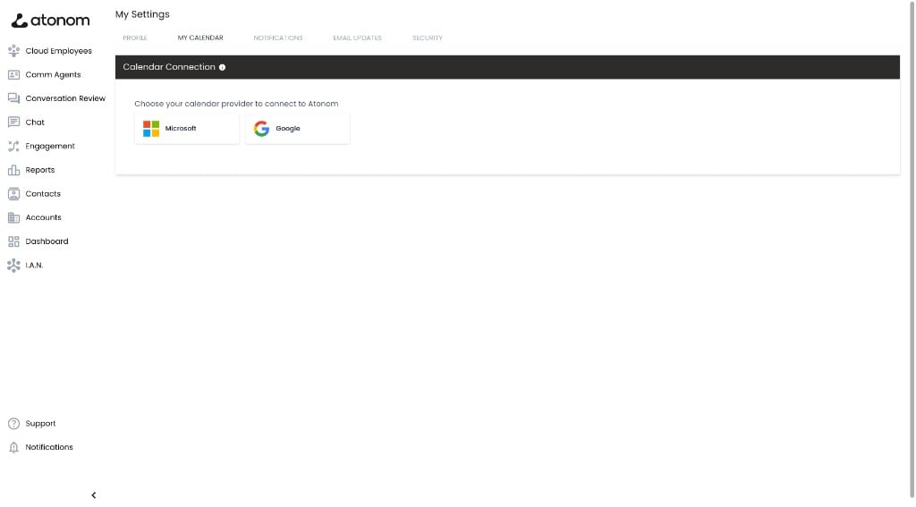 Calendar Connection card with Microsoft and Google options