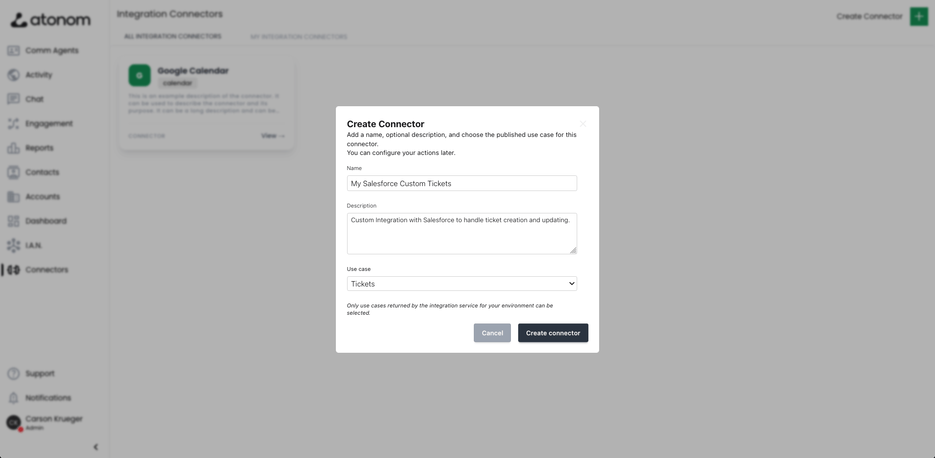 Integration connectors page with Create connector