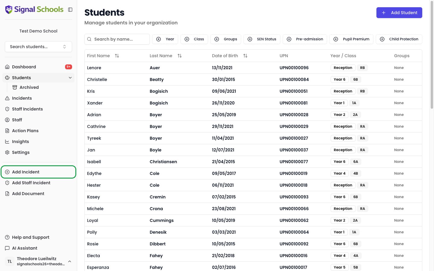 The Add Incident button highlighted in the sidebar