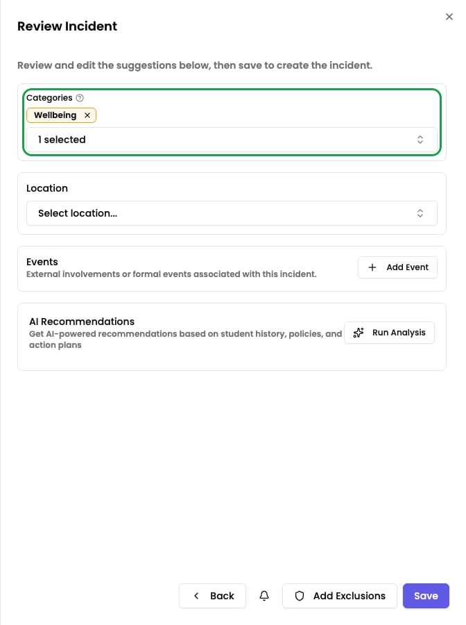The review step showing the AI-suggested category as a chip you can accept or change