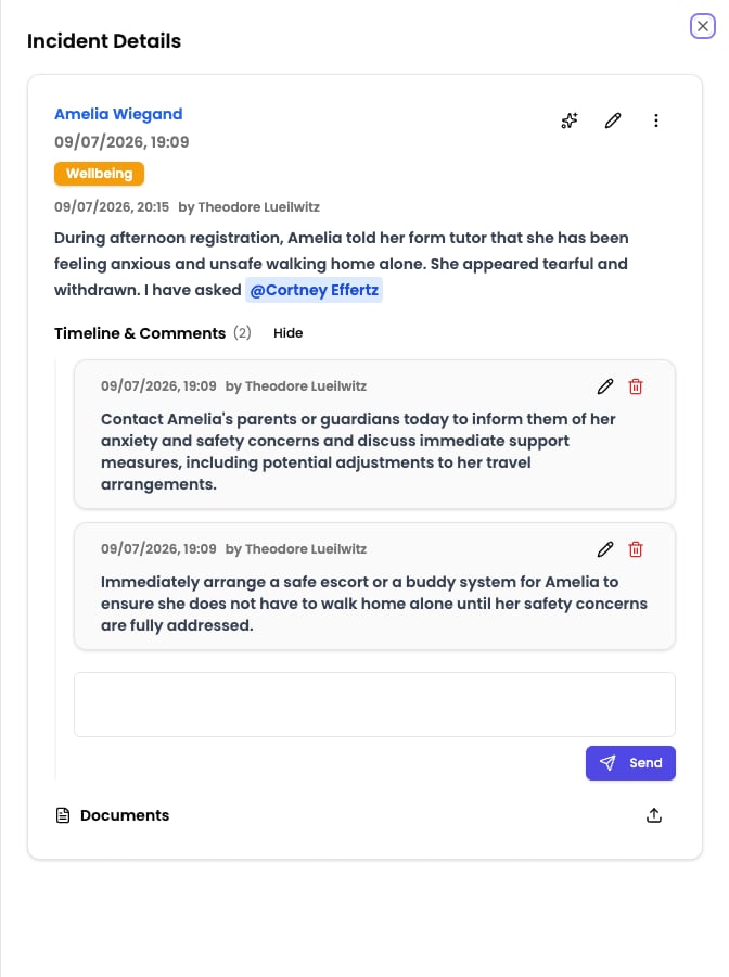 Example incident detail view showing the student, date, category, description, and comments