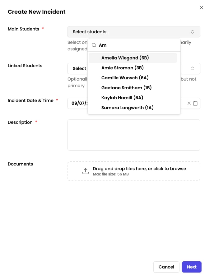 Main Students search field showing matching students in a dropdown