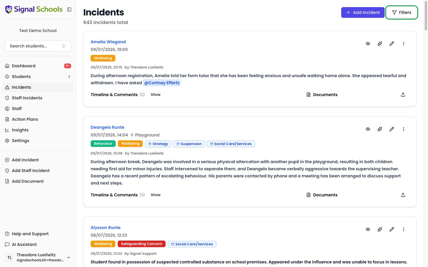 Incident list view showing incident cards with categories, events, and the Filters button