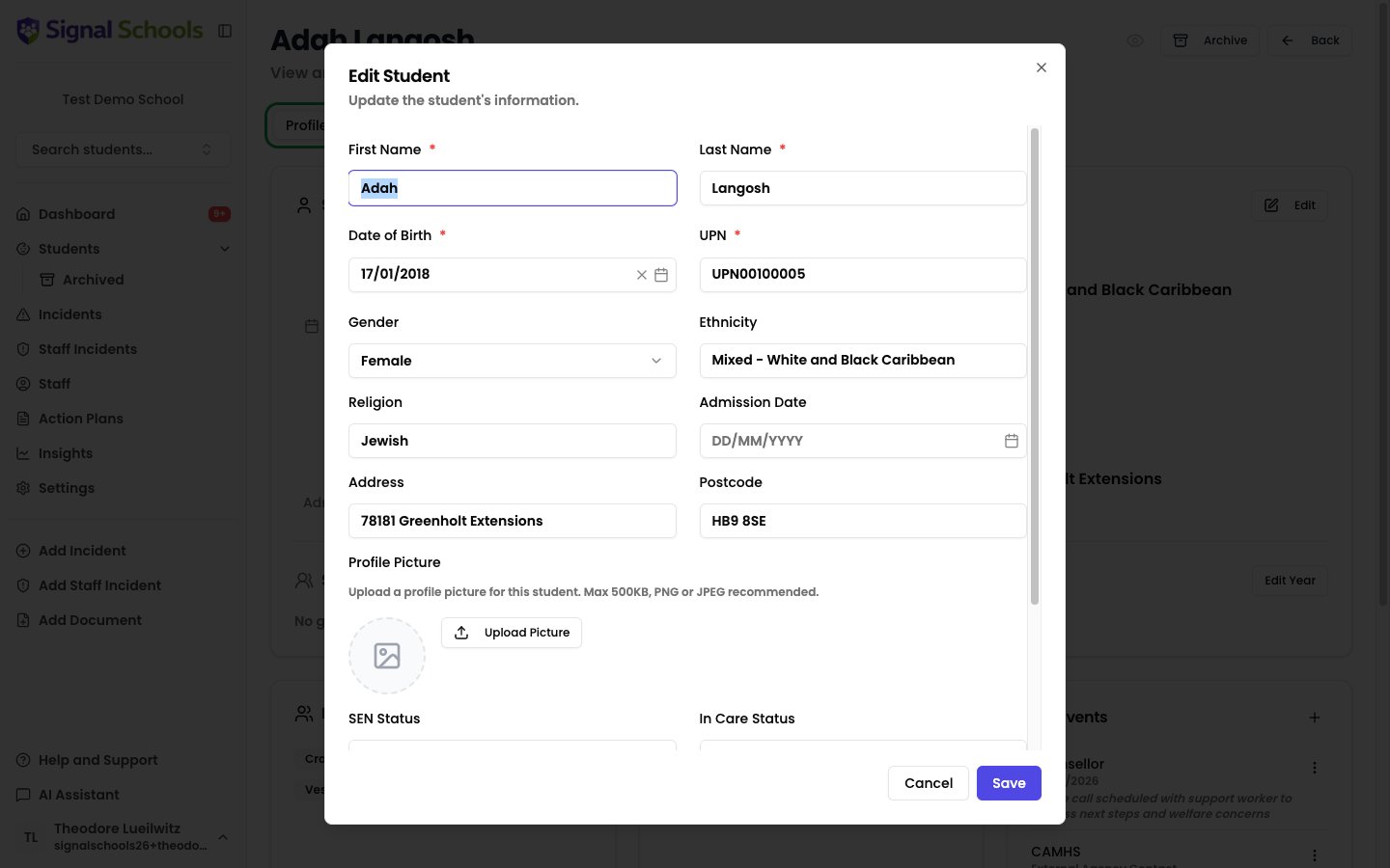 The student form showing all fields — name, date of birth, UPN, demographics, address, and profile picture