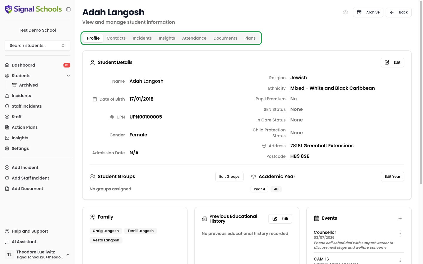 Student profile overview showing personal details and the navigation tabs