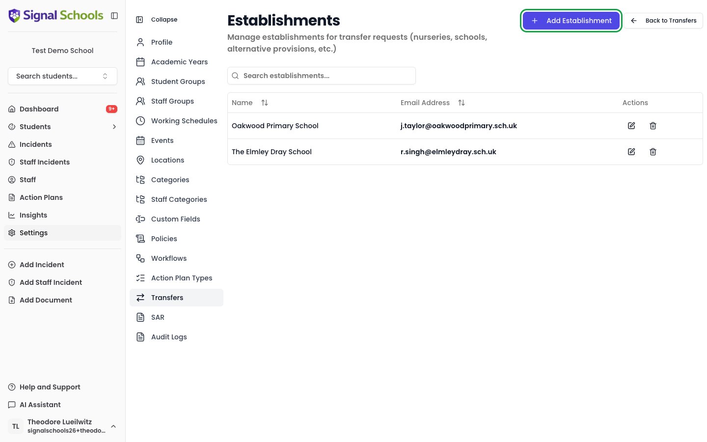The Establishments settings page listing saved schools with their contact emails