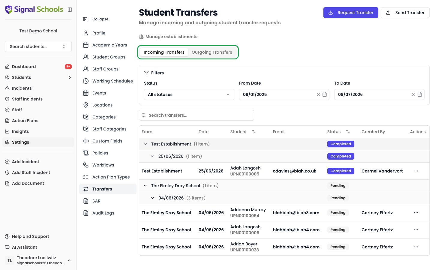 The Transfers page with Incoming and Outgoing tabs and transfer records with status badges