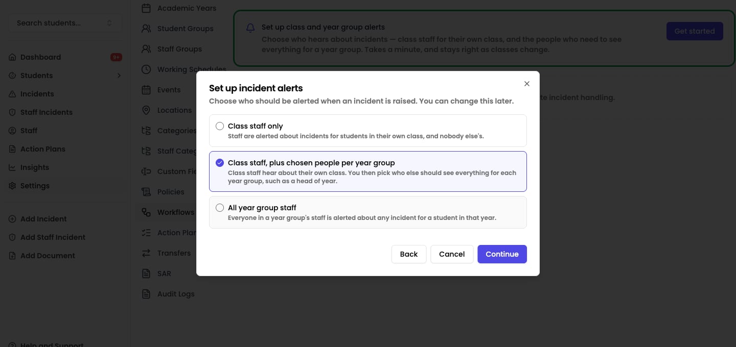 The alert setup wizard showing the three routing options, with "Class staff, plus chosen people per year group" selected